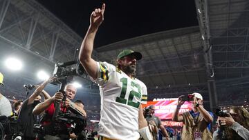 Green Bay Packers quarterback Aaron Rodgers (12) celebrates after an NFL football game against the Arizona Cardinals, Thursday, Oct. 28, 2021, in Glendale, Ariz. The Packers won 24-21. (AP Photo/Ross D. Franklin)