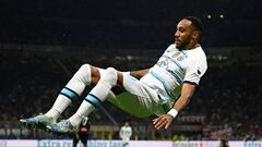 MILAN, ITALY - OCTOBER 11: Pierre-Emerick Aubameyang of Chelsea celebrates after scoring their team's second goal during the UEFA Champions League group E match between AC Milan and Chelsea FC at Giuseppe Meazza Stadium on October 11, 2022 in Milan, Italy. (Photo by Darren Walsh/Chelsea FC via Getty Images)