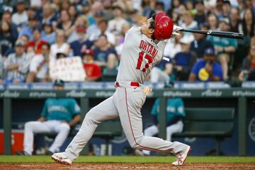 Jul 9, 2021; Seattle, Washington, USA; Los Angeles Angels designated hitter Shohei Ohtani (17) strikes out swinging against the Seattle Mariners during the fifth inning at T-Mobile Park. Mandatory Credit: Joe Nicholson-USA TODAY Sports