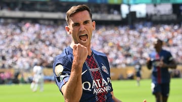 Paris Saint-Germain's Spanish midfielder #08 Fabian Ruiz celebrates scoring his team's first goal during the FIFA Club World Cup 2025 semifinal football match between France's Paris Saint-Germain and Spain's Real Madrid at the MetLife stadium in East Rutherford, New Jersey on July 9, 2025. (Photo by ANGELA WEISS / AFP)