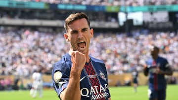 Paris Saint-Germain's Spanish midfielder #08 Fabian Ruiz celebrates scoring his team's first goal during the FIFA Club World Cup 2025 semifinal football match between France's Paris Saint-Germain and Spain's Real Madrid at the MetLife stadium in East Rutherford, New Jersey on July 9, 2025. (Photo by ANGELA WEISS / AFP)