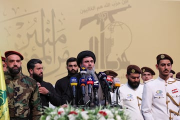 Hashem Safieddine speaks during the funeral of Mohammed Nasser, a senior Hezbollah commander who was killed in an Israeli strike in July.