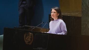 NEW YORK CITY, UNITED STATES - FEBRUARY 23: Annalena Baerbock, German Foreign Minister, speaks at the emergency special session of the UN General Assembly on February 23, 2023 in New York City, United States. Annalena Baerbock travels to take part at the emergency special session of the UN General Assembly and the special meeting of the UN Security Council. (Photo by Florian Gaertner/Photothek via Getty Images)