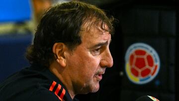 Colombia's Argentine coach Nestor Lorenzo speaks during a press conference in Barranquilla, Colombia on September 9, 2024. Colombia will face Argentina for the 2026 FIFA World Cup qualifier on September 10. (Photo by JOAQUIN SARMIENTO / AFP) (Photo by JOAQUIN SARMIENTO/AFP via Getty Images)