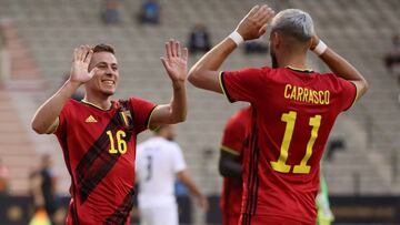 BRUSSELS, BELGIUM - JUNE 03: Thorgan Hazard of Belgium celebrates with Yannick Carrasco after scoring their side&#039;s first goal during the international friendly match between Belgium and Greece at King Baudouin Stadium on June 03, 2021 in Brussels, Be