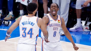 May 20, 2025; Oklahoma City, Oklahoma, USA; Oklahoma City Thunder forward Jalen Williams (8) and forward Kenrich Williams (34) celebrate after a play in the third quarter against the Minnesota Timberwolves during game one of the western conference finals for the 2025 NBA Playoffs at Paycom Center. Mandatory Credit: Alonzo Adams-Imagn Images