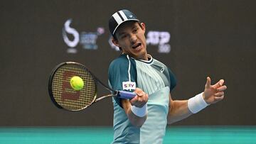 Chile�s Nicolas Jarry hits a return to Germany�s Alexander Zverev during their China Open tennis tournament men's singles quarterfinal match in Beijing on October 2, 2023. (Photo by Jade Gao / AFP)