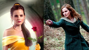 Emma Watson como Bella en La Bella y la Bestia y como Hermione en Harry Potter