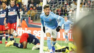 New York City's Valentin Castellanos celebrates scoring against the New England Revolution during extra time in the conference semifinals.
