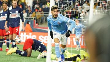 New York City&#039;s Valentin Castellanos celebrates scoring against the New England Revolution during extra time in the conference semifinals. 