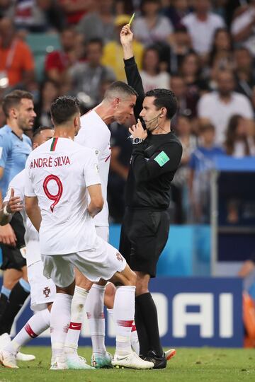 Ronaldo is booked by Cesar Ramos in the 2018 World Cup.