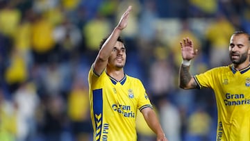 Manu Fuster, jugador de Las Palmas, celebrando un gol.