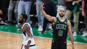 BOSTON, MASSACHUSETTS - JUNE 09: Derrick White #9 of the Boston Celtics reacts after a made basket against the Dallas Mavericks during the fourth quarter in Game Two of the 2024 NBA Finals at TD Garden on June 09, 2024 in Boston, Massachusetts. NOTE TO USER: User expressly acknowledges and agrees that, by downloading and or using this photograph, User is consenting to the terms and conditions of the Getty Images License Agreement.   Adam Glanzman/Getty Images/AFP (Photo by Adam Glanzman / GETTY IMAGES NORTH AMERICA / Getty Images via AFP)