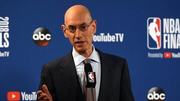 FILE PHOTO: NBA commissioner Adam Silver speaks during a press conference before the game between the Golden State Warriors and the Cleveland Cavaliers in game one of the 2018 NBA Finals at Oracle Arena in Oakland, California, U.S. May 31, 2018. Mandatory Credit: Kyle Terada/USA TODAY Sports/File Photo