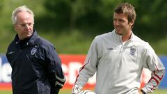England coach Sven Goran Eriksson walks past David Beckham (right) during a training session at Carrington, Manchester.   (Photo by Martin Rickett - PA Images/PA Images via Getty Images)