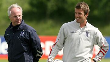 England coach Sven Goran Eriksson walks past David Beckham (right) during a training session at Carrington, Manchester. (Photo by Martin Rickett - PA Images/PA Images via Getty Images)