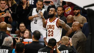 Jan 23, 2018; San Antonio, TX, USA; Cleveland Cavaliers small forward LeBron James celebrates after scoring his 30,000 career point during a time out against the San Antonio Spurs at AT&T Center. Mandatory Credit: Soobum Im-USA TODAY Sports