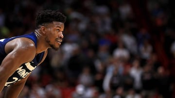 MIAMI, FL - OCTOBER 30: Jimmy Butler #23 of the Minnesota Timberwolves looks on during a game against the Miami Heat at American Airlines Arena on October 30, 2017 in Miami, Florida. NOTE TO USER: User expressly acknowledges and agrees that, by downloading and or using this photograph, User is consenting to the terms and conditions of the Getty Images License Agreement.   Mike Ehrmann/Getty Images/AFP
 == FOR NEWSPAPERS, INTERNET, TELCOS &amp; TELEVISION USE ONLY ==