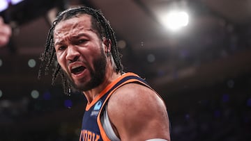 May 8, 2024; New York, New York, USA; New York Knicks guard Jalen Brunson (11) celebrates in the third quarter after scoring against the Indiana Pacers during game two of the second round for the 2024 NBA playoffs at Madison Square Garden. Mandatory Credit: Wendell Cruz-USA TODAY Sports