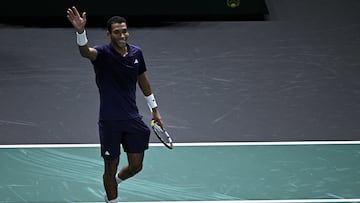 Canada's Felix Auger-Aliassime celebrates after winning against Kazakhstan's Alexander Bublik during their men's singles semi-final match on day six of the Paris ATP Masters 1000 tennis tournament at the Paris La D�fense Arena in Nanterre, on the outskirts of Paris, on November 1, 2025. (Photo by JULIEN DE ROSA / AFP)