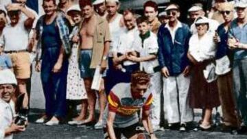 <b>EL PRIMERO. </b>Bahamontes, en la cronoescalada que ganó en Puy de Dôme. Al fondo, Clermont-Ferrand.