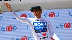 MALBUM, SWITZERLAND - JUNE 18: Sergio Andres Higuita Garcia of Colombia and Team Bora - Hansgrohe celebrates winning the white best young jersey on the podium ceremony after the 85th Tour de Suisse 2022 - Stage 7 a 194,6km stage from Ambri to Malbun 1560m / #tourdesuisse2022 / #WorldTour / on June 18, 2022 in Malbun, Switzerland. (Photo by Tim de Waele/Getty Images)