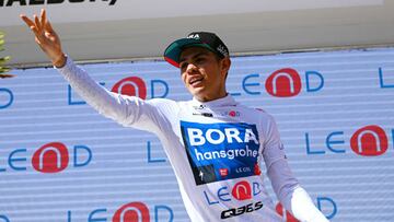 MALBUM, SWITZERLAND - JUNE 18: Sergio Andres Higuita Garcia of Colombia and Team Bora - Hansgrohe celebrates winning the white best young jersey on the podium ceremony after the 85th Tour de Suisse 2022 - Stage 7 a 194,6km stage from Ambri to Malbun 1560m / #tourdesuisse2022 / #WorldTour / on June 18, 2022 in Malbun, Switzerland. (Photo by Tim de Waele/Getty Images)