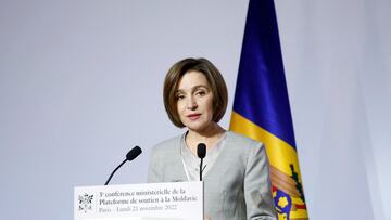 FILE PHOTO: Moldovan President Maia Sandu speaks during the third ministerial conference of the Moldova Support Platform at the Ministerial Conference Centre in Paris, France, 21 November 2022. YOAN VALAT/Pool via REUTERS/File Photo