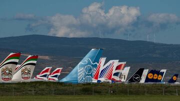 TERUEL, SPAIN - MAY 18:  Passenger aircraft operated by Lufthansa, Etihad, British Airways and Lufthansa stand parked at Teruel Airport on May 18, 2020 in Teruel, Spain. The airport, which is used for aircraft maintenance and storage, has received increas