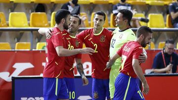 Los jugadores de la selecci&oacute;n celebran el solitario tanto de Ra&uacute;l G&oacute;mez.