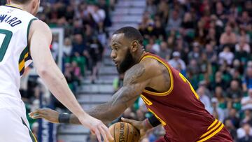 Jan 10, 2017; Salt Lake City, UT, USA; Cleveland Cavaliers forward LeBron James (23) dribbles the ball as Utah Jazz forward Gordon Hayward (20) defends during the first quarter at Vivint Smart Home Arena. Mandatory Credit: Russ Isabella-USA TODAY Sports