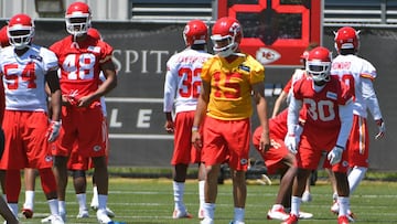 May 6, 2017; Kansas City, MO, USA; Kansas City Chiefs quarterback Patrick Mahomes II (15) runs drills during the rookie mini camp at the University of Kansas Hospital Training Complex. Mandatory Credit: Denny Medley-USA TODAY Sports