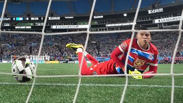 Jul 31, 2024; Charlotte, North Carolina, USA; Cruz Azul goalkeeper Kevin Robles (23) is unable to stop a penalty kick. Charlotte FC defeated Cruz Azul in a penalty shootout at Bank of America Stadium. Mandatory Credit: Bob Donnan-USA TODAY Sports