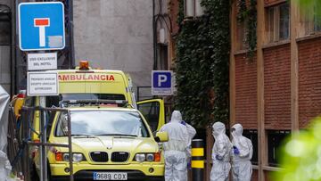General views of ambulances arriving the Ayre Gran Hotel Col&oacute;n, the first medicalized hotel to be used as a hospital in Madrid, on Thursday, March 19, 2020.