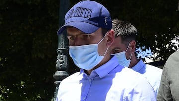 England soccer player Harry Maguire leaves a court building on the Aegean island of Syros, Greece, on Saturday, Aug. 22, 2020. The Manchester United captain was arrested during a brawl on the neighbouring holiday island of Mykonos. (AP Photo/Michael Varak