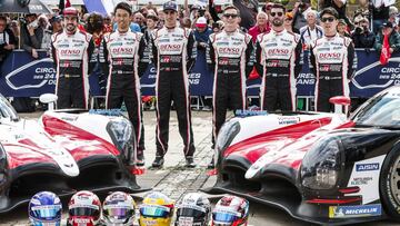 ALONSO Fernando (spa), Toyota TS050 hybrid lmp1 team Toyota Gazoo racing, portrait, NAKAJIMA Kazuki (jpn), Toyota TS050 hybrid lmp1 team Toyota Gazoo racing, portrait, BUEMI Sebastien (che), Toyota TS050 hybrid lmp1 team Toyota Gazoo racing, portrait, CONWAY Mike (gbr), Toyota TS050 hybrid lmp1 team Toyota Gazoo racing, portrait, LOPEZ José Maria (arg), Toyota TS050 hybrid lmp1 team Toyota Gazoo racing, portrait, KOBAYASHI Kamui (jpn), Toyota TS050 hybrid lmp1 team Toyota Gazoo racing, portrait during the 2018 Le Mans 24 hours pesage, on June 10 to 11 at Le Mans circuit, France - *** Local Caption *** .
