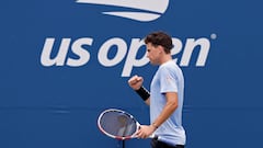 Aug 28, 2023; Flushing, NY, USA; Dominic Thiem of Austria reacts after winning a point against Alexander Bublik of Kazakhstan (not pictured) on day one of the 2023 US Open at the Billie Jean King National Tennis Center. Mandatory Credit: Geoff Burke-USA TODAY Sports