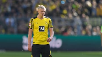 Erling Haaland of Borussia Dortmund looks on during the Bundesliga match between Borussia Dortmund and VfL Wolfsburg at Signal Iduna Park on April 16, 2022.