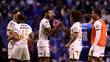 Soccer Football - Liga MX - Cruz Azul v Pumas UNAM - Estadio Cuauhtemoc, Puebla, Mexico - November 8, 2025 Pumas UNAM's Adalberto Carrasquilla and Nathan Silva celebrate after the match REUTERS/Henry Romero
