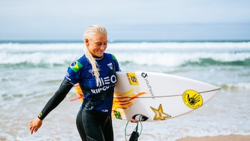 PENICHE, LEIRIA, PORTUGAL - MARCH 16: Tatiana Weston-Webb of Brazil after surfing in Heat 1 of the Semifinals at the MEO Rip Curl Pro Portugal on March 16, 2024 at Peniche, Leiria, Portugal. (Photo by Thiago Diz/World Surf League)