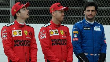 Mercedes' British driver Lewis Hamilton (2L), Mercedes' Finnish driver Valtteri Bottas (3L), Ferrari's Monegasque driver Charles Leclerc (3R), Ferrari's German driver Sebastian Vettel (2R) and McLaren's Spanish driver Carlos Sainz Jr take part in a TV documentary shooting ahead of the tests for the new Formula One Grand Prix season at the Circuit de Catalunya in Montmelo in the outskirts of Barcelona on February 19, 2020. (Photo by LLUIS GENE / AFP)