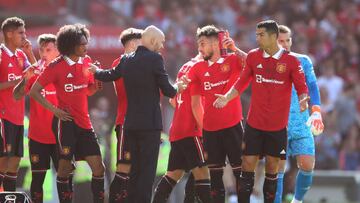 MANCHESTER, ENGLAND - JULY 31: Manchester United manager Erik ten Hag chats with Christiano Ronaldo of Manchester United during the Pre-Season Friendly match between Manchester United and Rayo Vallecano at Old Trafford on July 31, 2022 in Manchester, England. (Photo by Jan Kruger/Getty Images)