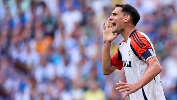 LA CORUNA, SPAIN - AUGUST 17: Dani Calvo of Real Oviedo reacts during the LaLiga Hypermotion match between RC Deportivo de La Coruna and Real Oviedo at Abanca Riazor Stadium on August 17, 2024 in La Coruna, Spain. (Photo by Jose Manuel Alvarez/Quality Sport Images/Getty Images)