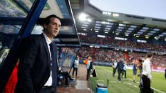 Paris Saint-Germain&#039;s Spanish headcoach Unai Emery is pictured before the French cup semi-final match between Caen (SMC) and Paris Saint-Germain (PSG) on April 18, 2018 at the Michel-d&#039;Ornano stadium in Caen, northwestern France. / AFP PHOTO / C
