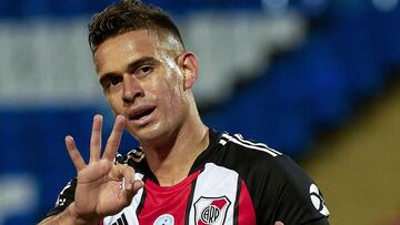 MENDOZA, ARGENTINA - MARCH 20: Rafael Borr&eacute;  of River Plate celebrates after scoring the third goal of his team during a match between Godoy Cruz and River Plate as part of Copa de la Liga Profesional 2021  at Estadio Malvinas Argentinas on March 20, 2021 in Mendoza, Argentina. (Photo by Alexis Lloret/Getty Images)