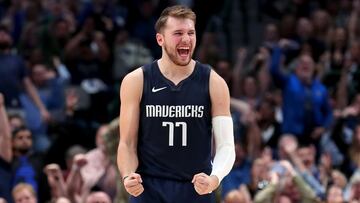 DALLAS, TEXAS - NOVEMBER 06: Luka Doncic #77 of the Dallas Mavericks celebrates after the Dallas Mavericks scored against the Orlando Magic in the second half at American Airlines Center on November 06, 2019 in Dallas, Texas. NOTE TO USER: User expressly acknowledges and agrees that, by downloading and or using this photograph, User is consenting to the terms and conditions of the Getty Images License Agreement. (Photo by Tom Pennington/Getty Images)