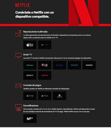 Captura del listado oficial Netflix de las marcas compatibles, pero no especifica modelos