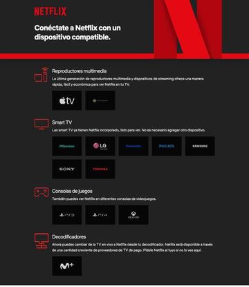 Captura del listado oficial Netflix de las marcas compatibles, pero no especifica modelos