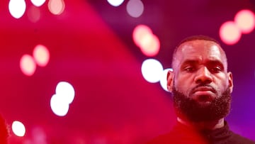 SAN FRANCISCO, CALIFORNIA - MAY 04: LeBron James #6 of the Los Angeles Lakers looks on during the national anthem prior to facing the Golden State Warriors in game two of the Western Conference Semifinal Playoffs at Chase Center on May 04, 2023 in San Francisco, California. NOTE TO USER: User expressly acknowledges and agrees that, by downloading and or using this photograph, User is consenting to the terms and conditions of the Getty Images License Agreement.   Ezra Shaw/Getty Images/AFP (Photo by EZRA SHAW / GETTY IMAGES NORTH AMERICA / Getty Images via AFP)