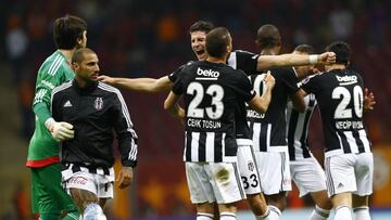 Besiktas&#039; Mario Gomez (4th-L), Ricardo Quaresma (2nd-L) and players celebrate after winning against Galatasaray during Turkish Super League derby match between Galatasaray and Besiktas in Istanbul, Turkey 08 May 2016. 